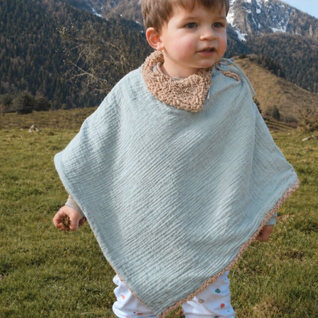 Petit Pote - Poncho bébé enfant coton bio / Doublure marron – Taille unique / Vert d'eau