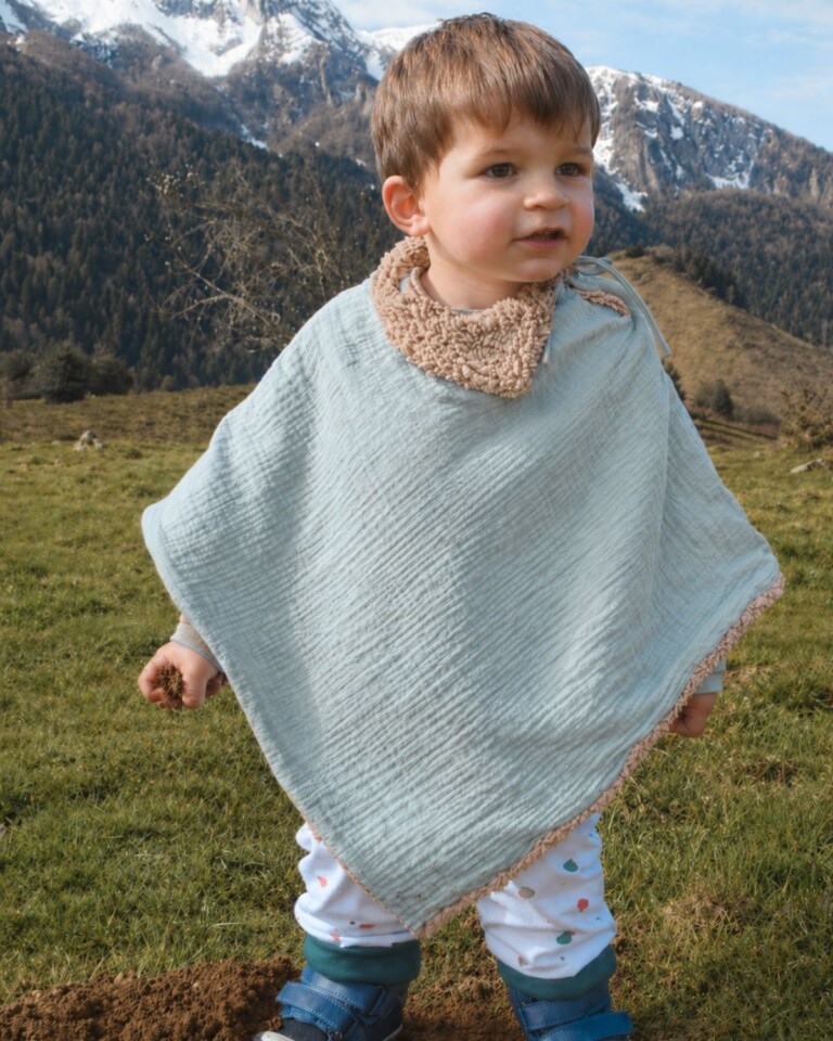 Petit Pote - Poncho bébé enfant coton bio / Doublure marron – Taille unique / Vert d'eau