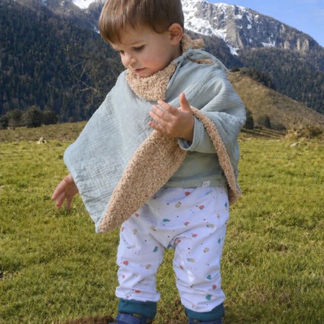 Petit Pote - Poncho bébé enfant coton bio / Doublure marron – Taille unique / Vert d'eau