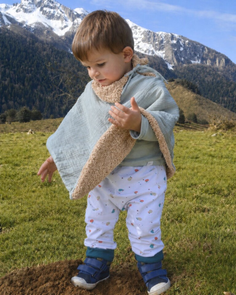 Petit Pote - Poncho bébé enfant coton bio / Doublure marron – Taille unique / Vert d'eau