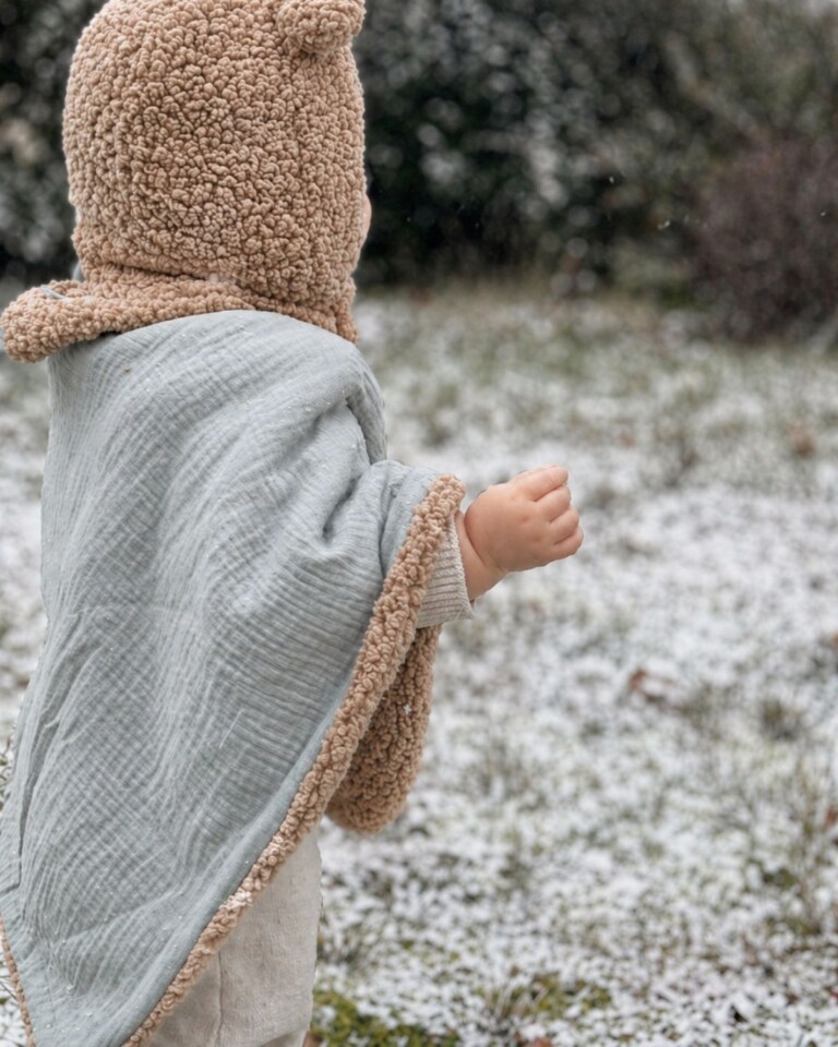Petit Pote - Poncho bébé enfant coton bio / Doublure marron – Taille unique / Vert d'eau