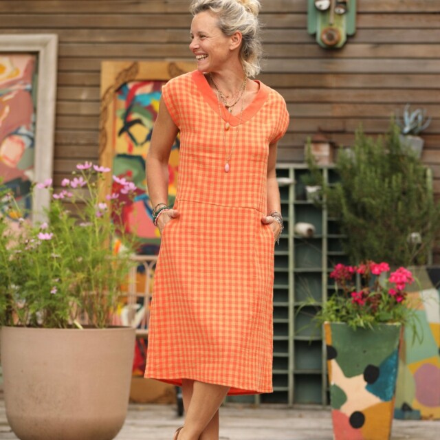 Quintessence - Robe Ivy - double gaze de coton à carreaux camel/orangé