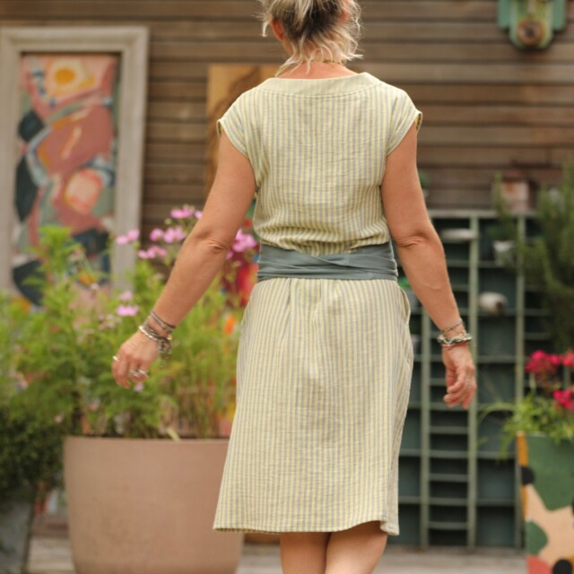 Quintessence - Robe Ivy - double gaze de coton rayée vert/jaune