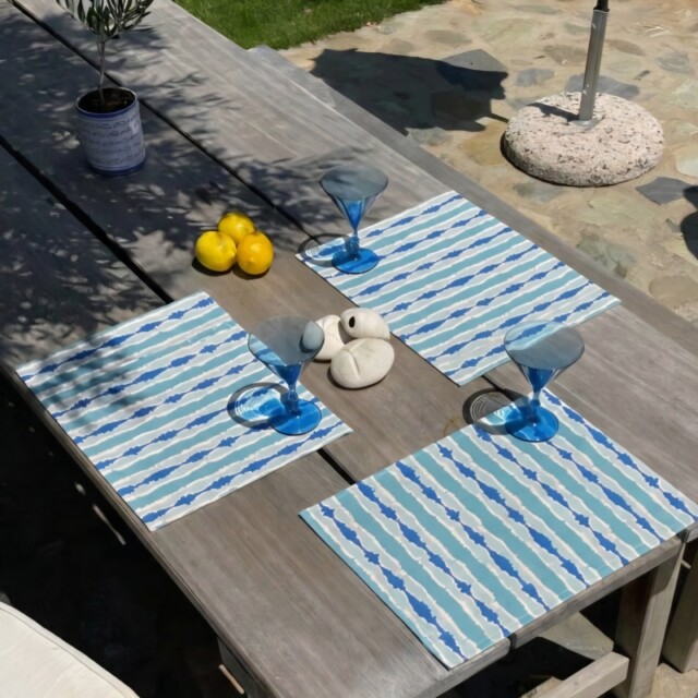 Fleur de Soleil - Set de table enduit Ikat turquoise