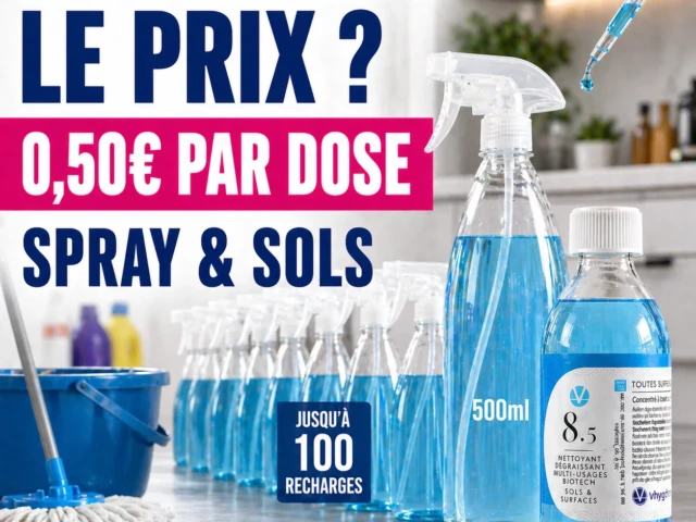 seulement 050 E par dose soit pour spray et sols avec le degraissant enzymatiques multi usages N°8.5 VHYG 2 VHYG -