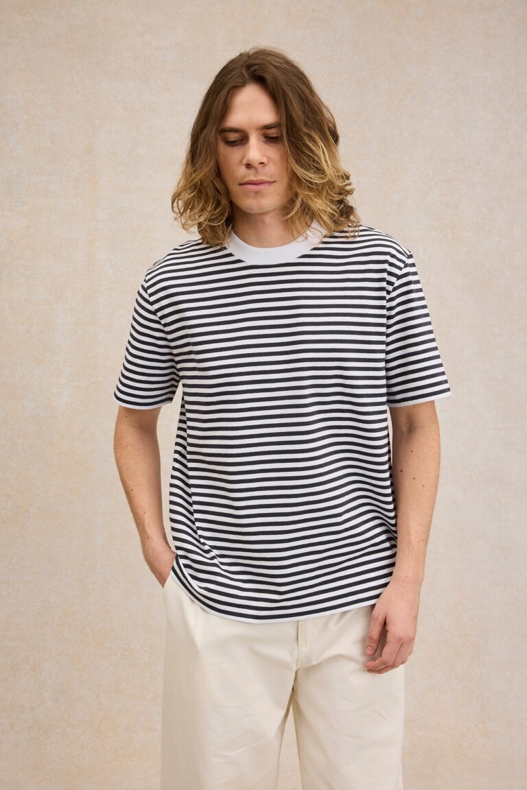 t shirt andy homme manches courtes coton blanc bleu marine le minor printemps 2026 2 Le Minor - T-shirt Andy rayé marine – XL
