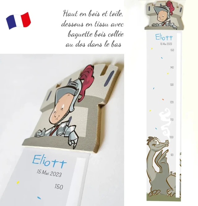 L’Atelier BABY’SPHERE - Toise enfant personnalisée chevalier et dragon – Bois et tissu