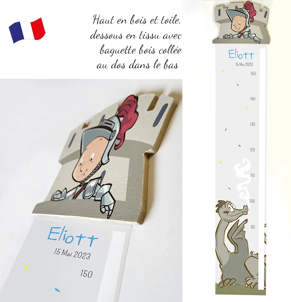 toise chevaliers et dragons Atelier Baby'Sphère - Toise enfant personnalisée chevalier et dragon – Bois et tissu