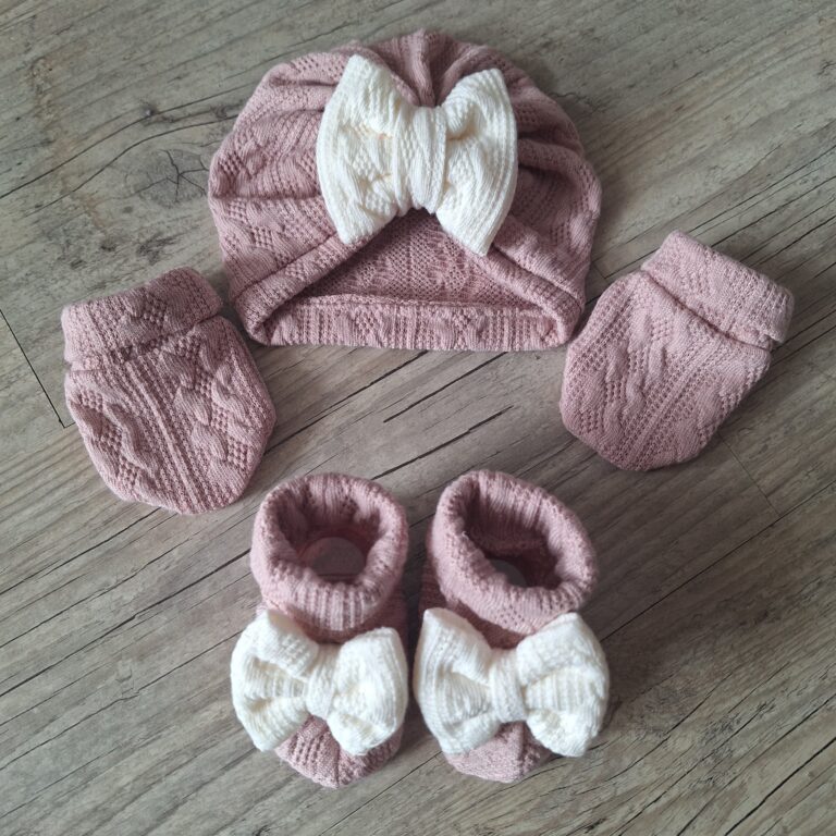 La Fabrique A DeDeuh - Ensemble en tissu maille de coton façon tricot jacquard Turban nœud + moufles + bandeau + chaussons assortis – Turban+moufles / 9.12 mois