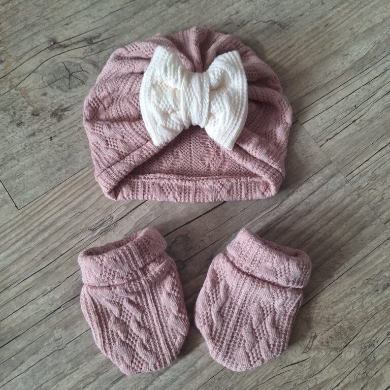 La Fabrique A DeDeuh - Ensemble en tissu maille de coton façon tricot jacquard Turban nœud + moufles + bandeau + chaussons assortis – Turban+moufles / 9.12 mois