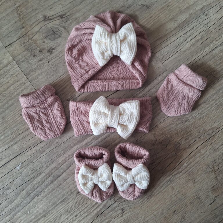 La Fabrique A DeDeuh - Ensemble en tissu maille de coton façon tricot jacquard Turban nœud + moufles + bandeau + chaussons assortis – Turban+moufles / 9.12 mois