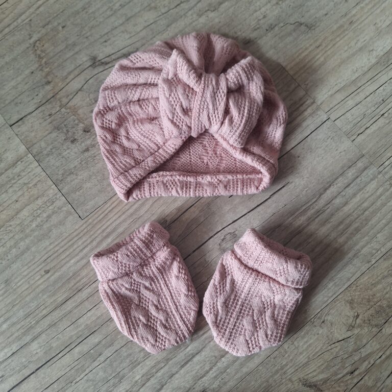 La Fabrique A DeDeuh - Ensemble en tissu maille de coton façon tricot jacquard Turban nœud + moufles + bandeau + chaussons assortis – Turban+moufles / 9.12 mois