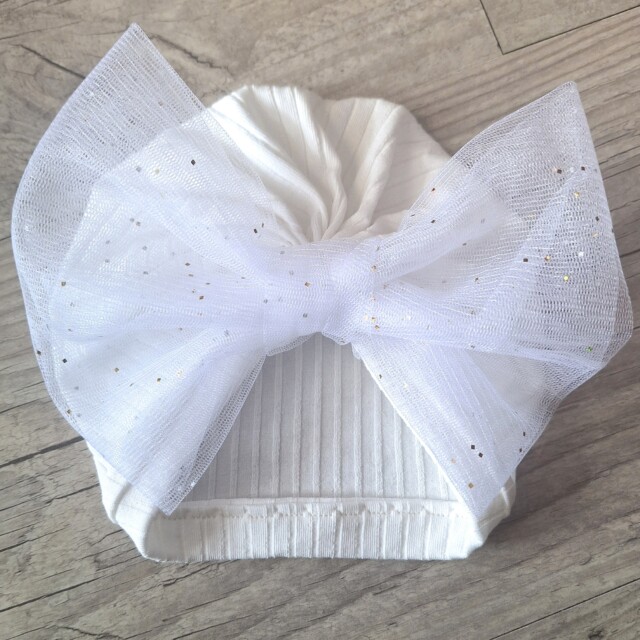 La Fabrique A DeDeuh - Turban Bonnet Bébé en Jersey de Coton – Grand Nœud en Tulle Pailleté – Fait Main & Oeko-Tex – Adulte
