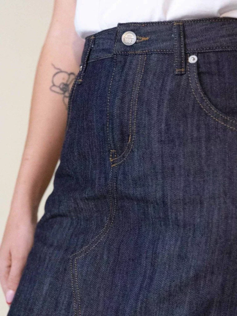 1083 - JUPE MI-LONGUE FENDUE 294H taille haute coton bio filidenim indigo brut
