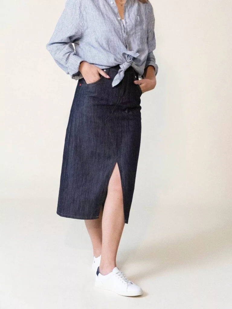 1083 - JUPE MI-LONGUE FENDUE 294H taille haute coton bio filidenim indigo brut