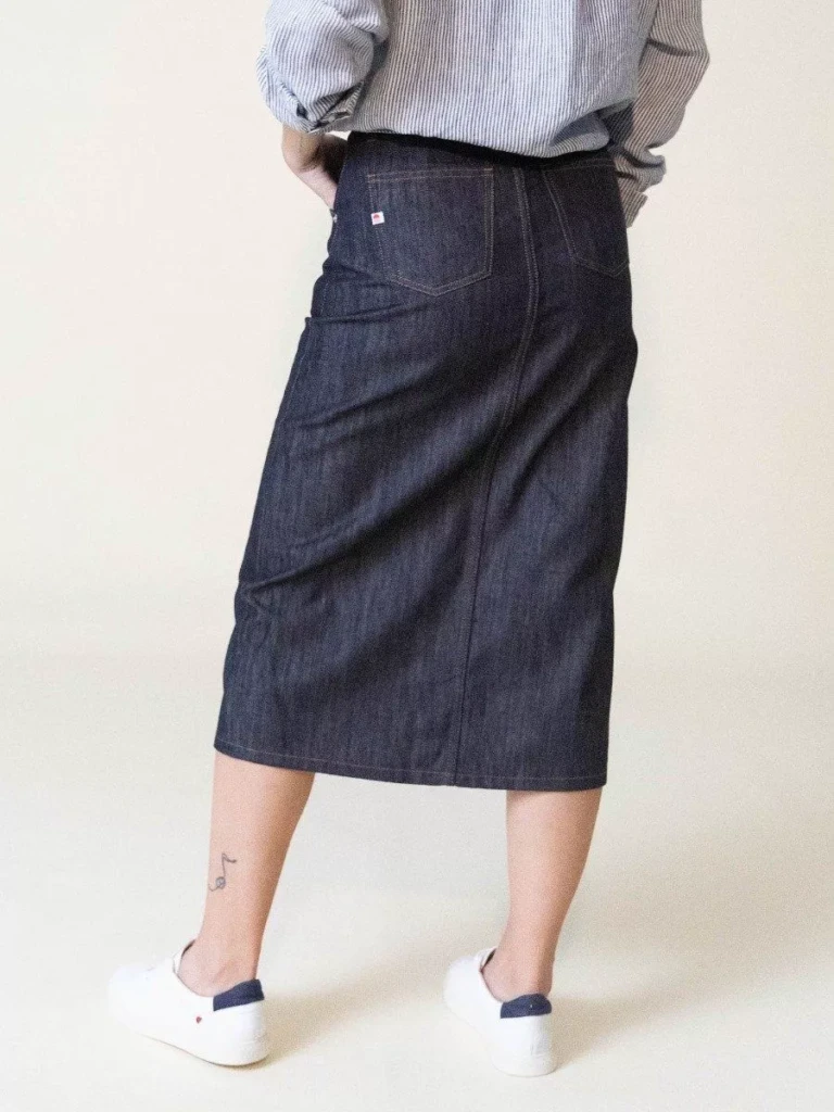 1083 - JUPE MI-LONGUE FENDUE 294H taille haute coton bio filidenim indigo brut