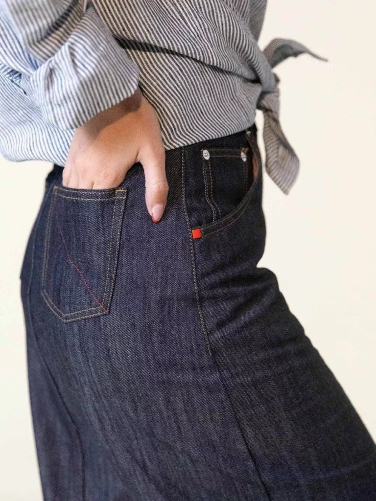 1083 - JUPE MI-LONGUE FENDUE 294H taille haute coton bio filidenim indigo brut