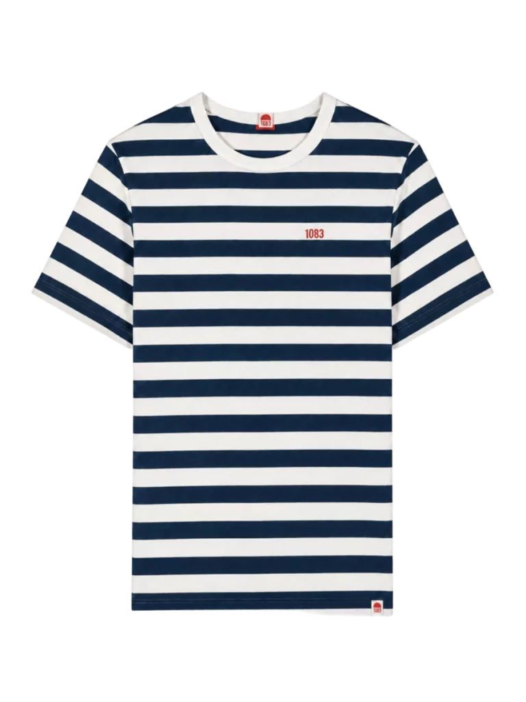 1083 - T-SHIRT DROIT BRODE 304 RAYE coton bio écru bleu marine Homme