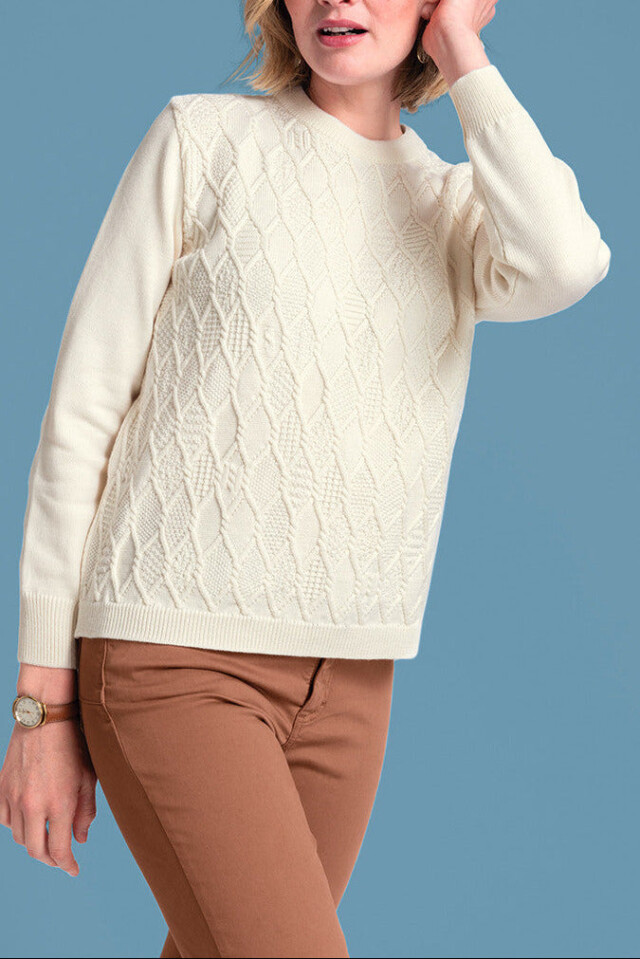 MAISON SOLFIN - Pull torsades femme blanc en laine mérinos