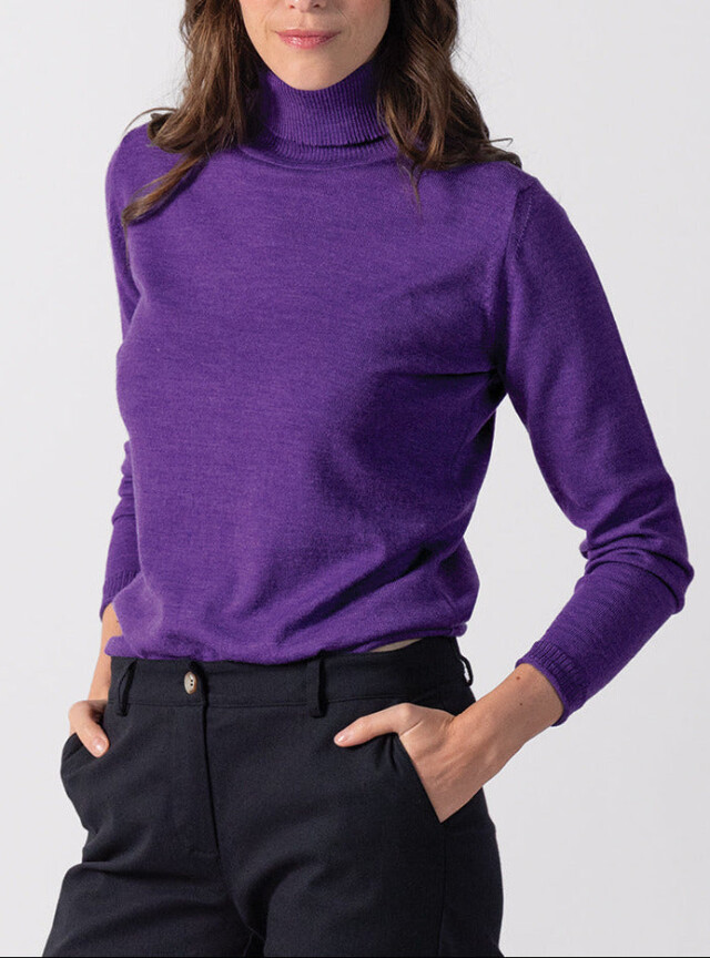 MAISON SOLFIN - Pull femme col roulé en laine mérinos violet foncé