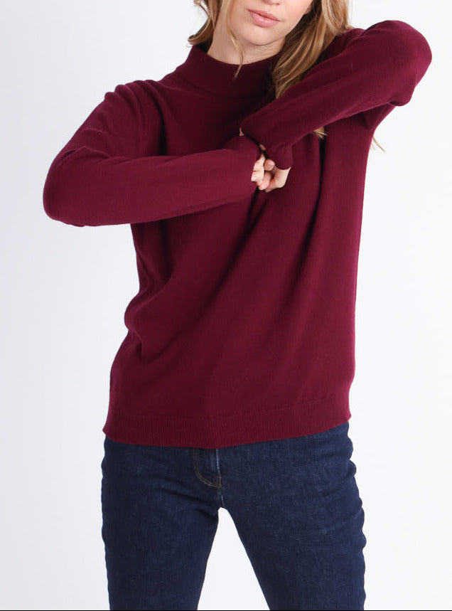 Pull col cheminée femme 100% cachemire Rouge grenat par la marque MAISON SOLFIN MAISON SOLFIN - Pull col cheminée femme 100% cachemire Rouge grenat