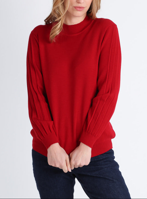 MAISON SOLFIN - Pull femme en laine mérinos manches fantaisies Rouge foncé