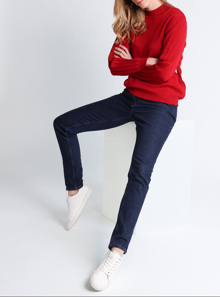 Maison-solfin - Pull femme en laine mérinos manches fantaisies Rouge foncé – 50