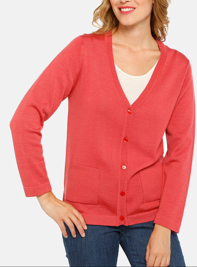 Gilet femme en laine merinos rouge tendre par la marque MAISON SOLFIN MAISON SOLFIN - Gilet femme en laine merinos rouge tendre