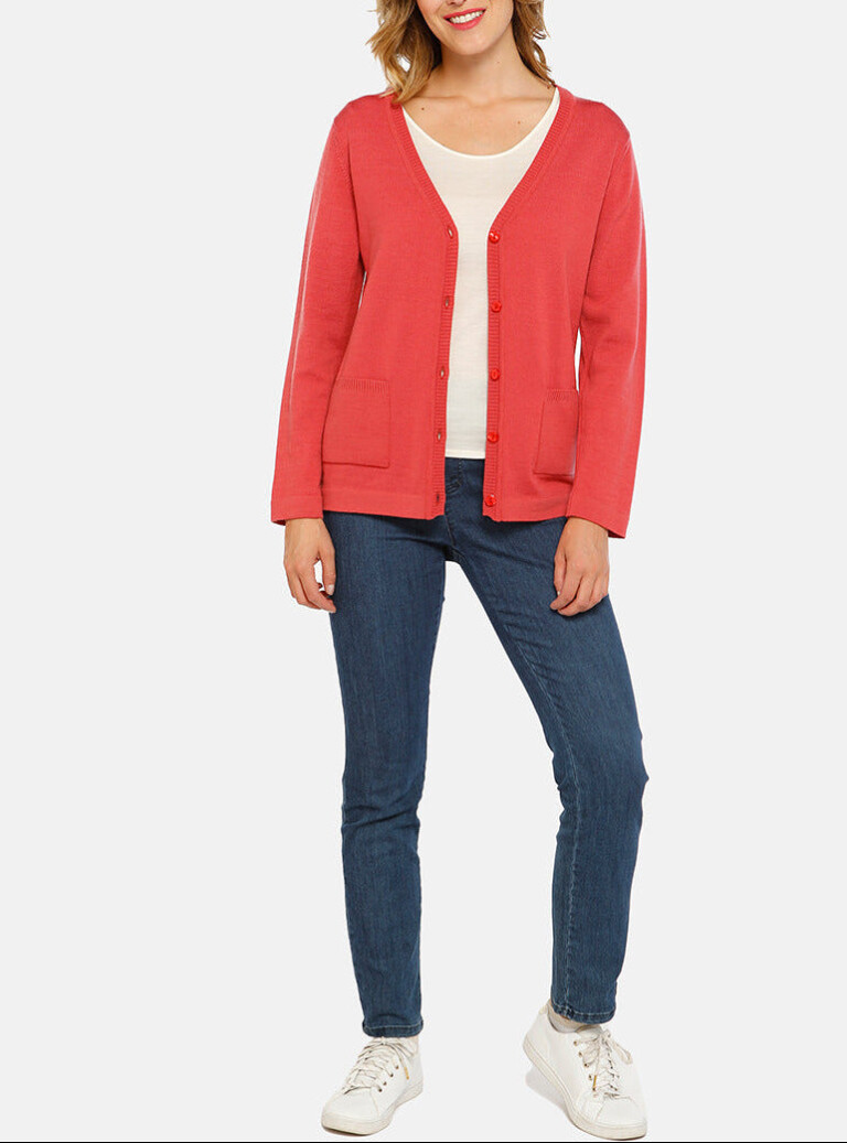 Maison-solfin - Gilet femme en laine merinos rouge tendre – 50