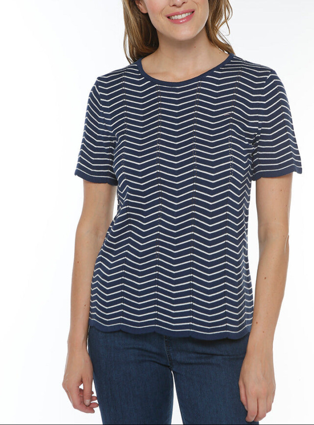 Pull femme coton manches courtes marine/crème par la marque MAISON SOLFIN MAISON SOLFIN - Pull femme coton manches courtes marine/crème