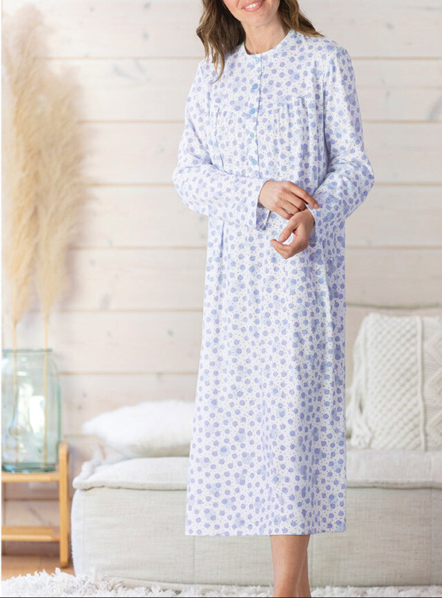Chemise de nuit femme imprimée en coton pois bleus par la marque MAISON SOLFIN MAISON SOLFIN - Chemise de nuit femme imprimée en coton pois bleus