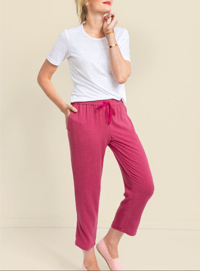 MAISON SOLFIN - Pantacourt fluide femme en lin rose magenta