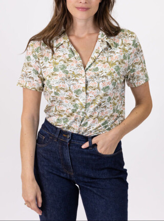 MAISON SOLFIN - Chemisier à fleurs femme en maille vert feuillage