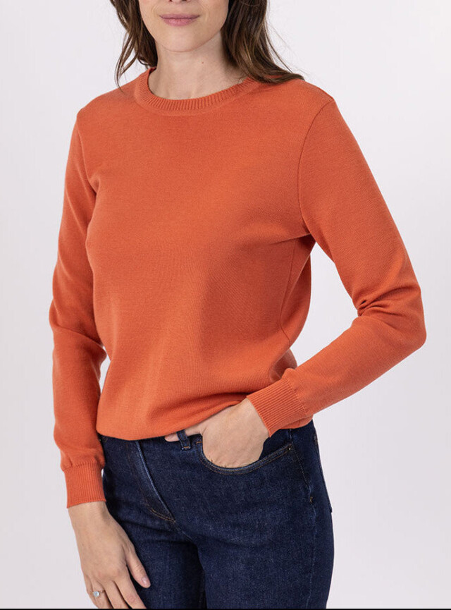 Pull femme en laine mérinos col rond orange tendre par la marque MAISON SOLFIN MAISON SOLFIN - Pull femme en laine mérinos col rond orange tendre