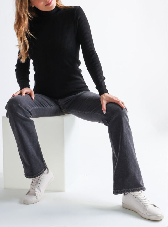 MAISON SOLFIN - Pull chaussette femme col roule en laine merinos Noir