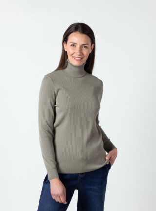MAISON SOLFIN - Pull chaussette femme col roule en laine mérinos Vert Olive