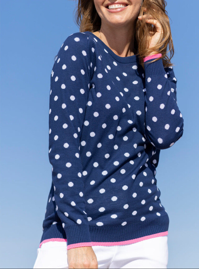 Pull femme à pois en coton bleu marine par la marque MAISON SOLFIN MAISON SOLFIN - Pull femme à pois en coton bleu marine