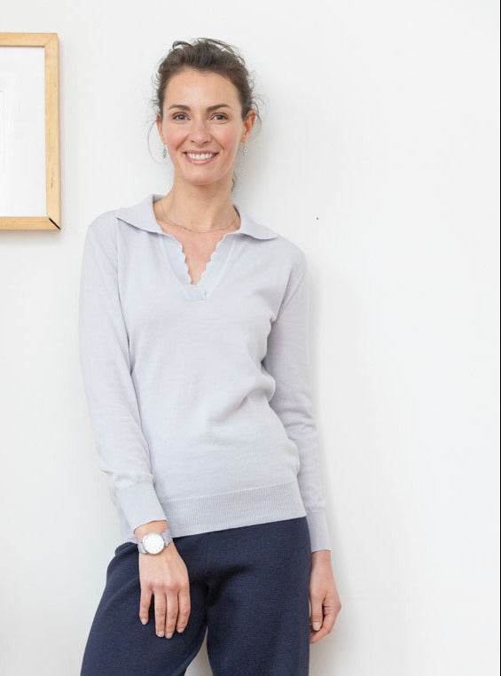 Pull col polo femme en laine mérinos gris par la marque MAISON SOLFIN MAISON SOLFIN - Pull col polo femme en laine mérinos gris