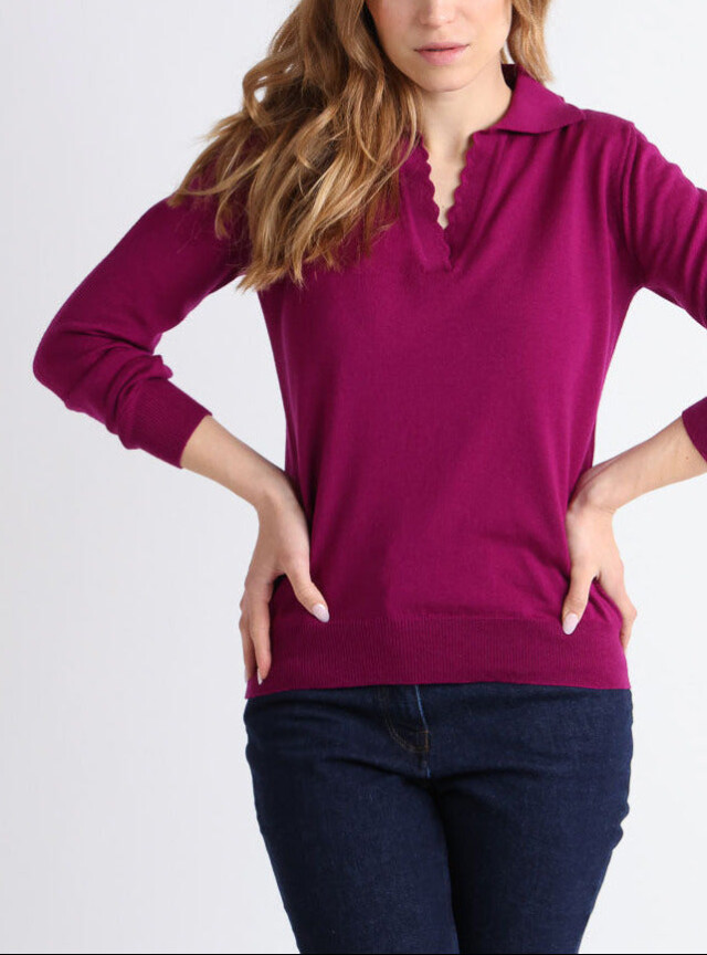 Pull col polo femme en laine mérinos violet par la marque MAISON SOLFIN MAISON SOLFIN - Pull col polo femme en laine mérinos violet