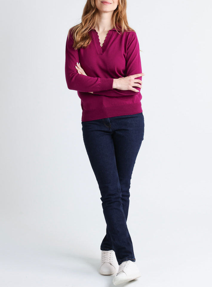 Maison Solfin - Pull col polo femme en laine mérinos violet – 50