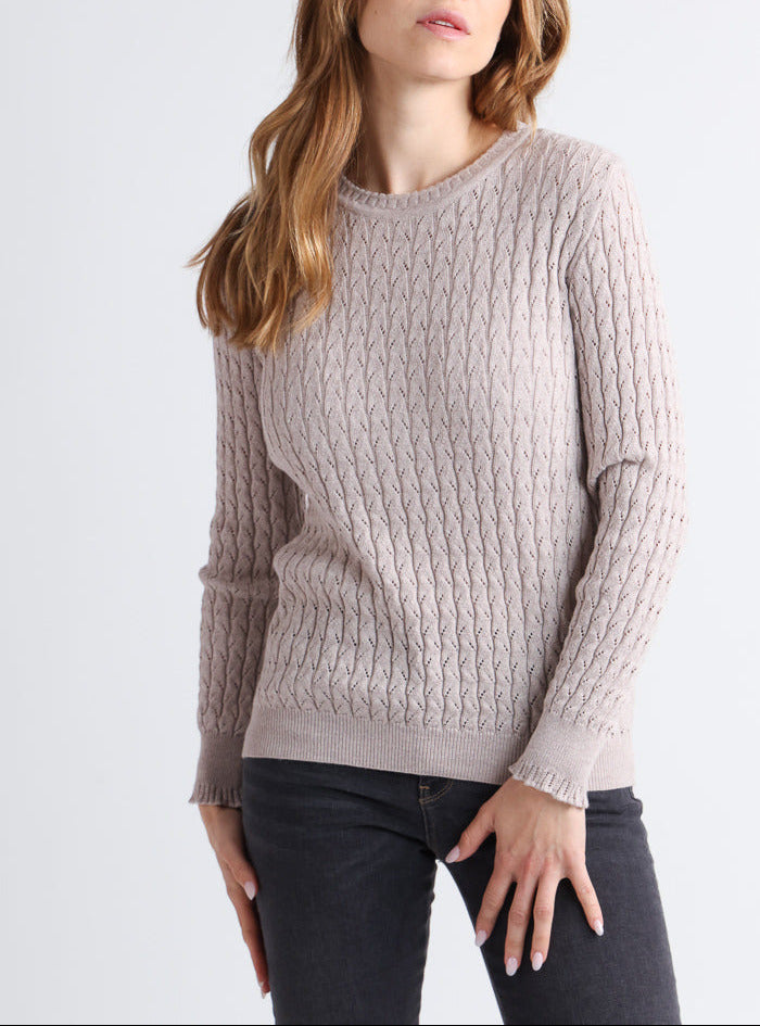 7610 beige sable pull 1 Maison Solfin - Pull femme maille fantaisie en laine beige – 50