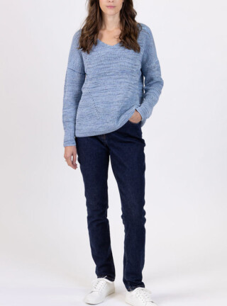 Pull femme décoleté dos bleu mer par la marque MAISON SOLFIN MAISON SOLFIN - Pull femme décoleté dos bleu mer