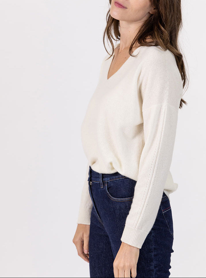 Maison Solfin - Pull femme col V laine et cachemire blanc – 50