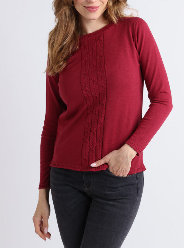 Pull femme torsadé en laine rose pourpre par la marque MAISON SOLFIN MAISON SOLFIN - Pull femme torsadé en laine rose pourpre