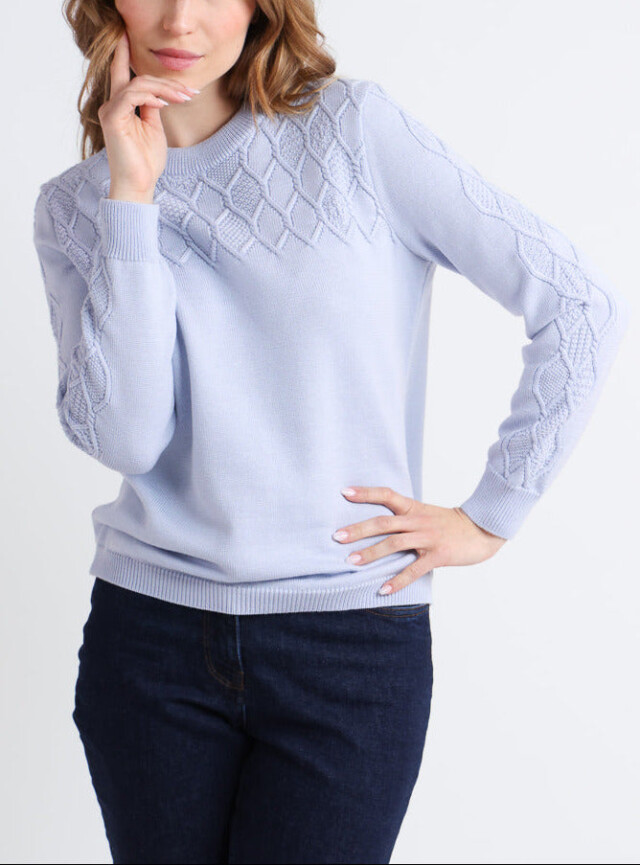Pull femme laine mérinos torsades bleu par la marque MAISON SOLFIN MAISON SOLFIN - Pull femme laine mérinos torsades bleu