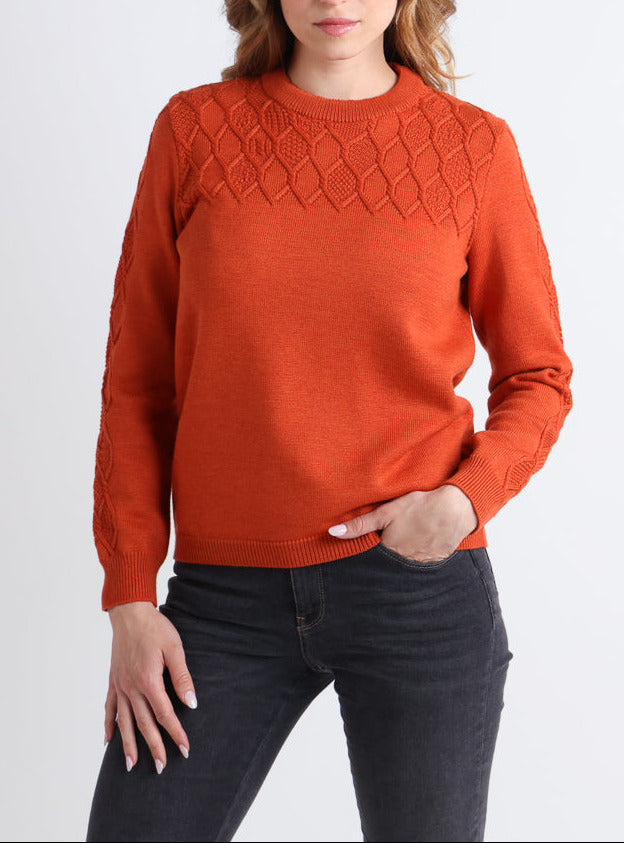 Pull femme torsades laine mérinos orange par la marque MAISON SOLFIN MAISON SOLFIN - Pull femme torsades laine mérinos orange