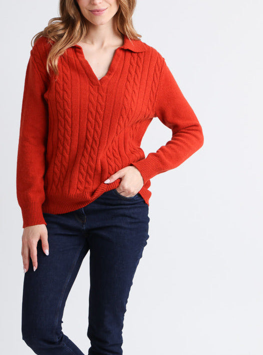 MAISON SOLFIN - Pull femme laine mérinos col polo orange