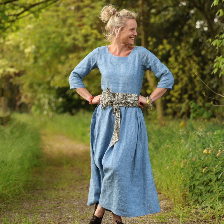 Quintessence - Robe Louisa manches 3/4 – Lin chiné denim – XS