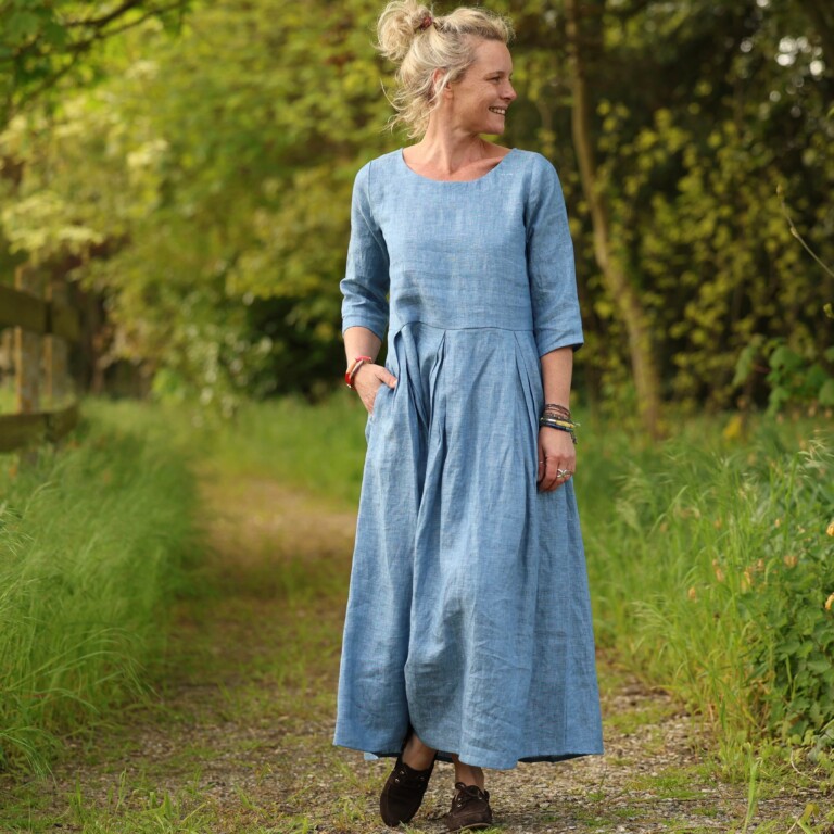 Quintessence - Robe Louisa manches 3/4 – Lin chiné denim – XS