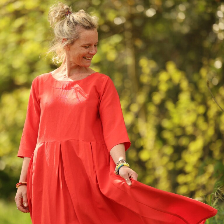 Quintessence - Robe Louisa manches 3/4 – Viscose/lin orange crépuscule – S